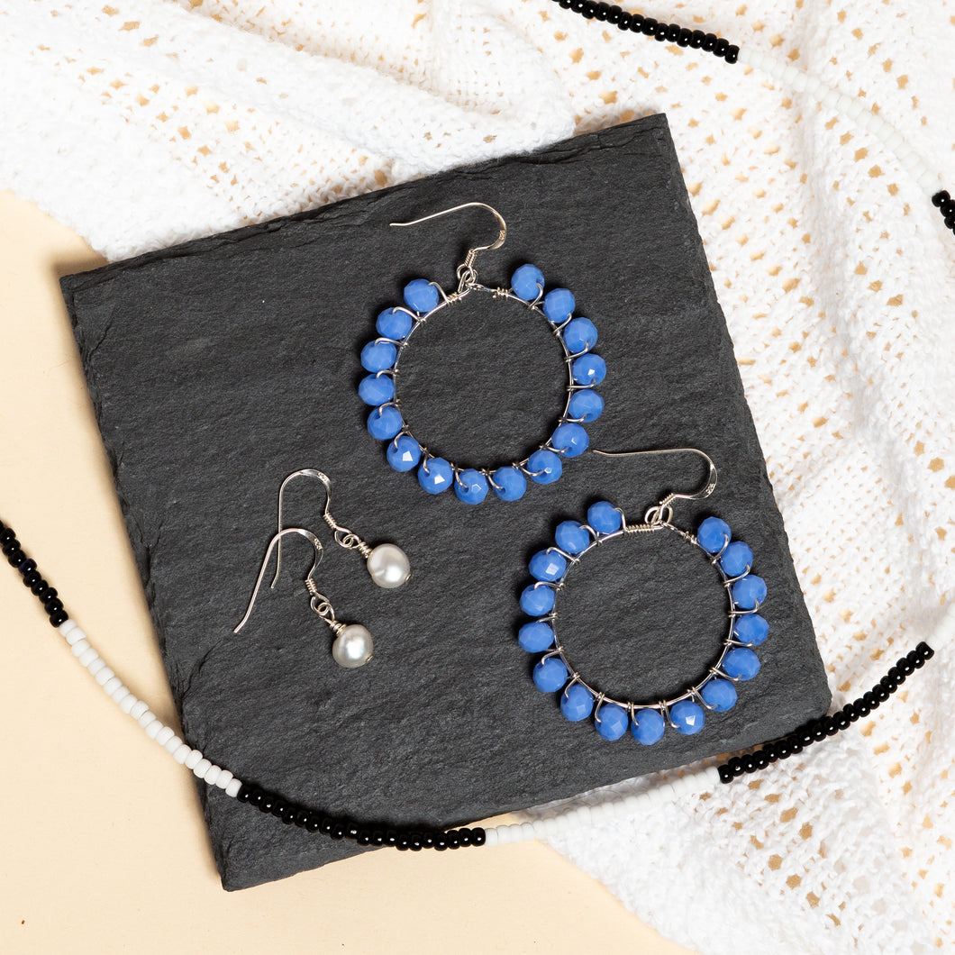 Cornflower Blue Jaipur Hoops and Single Pearl Drop Earrings from the India and New Zealand Collections. made with Sterling silver. Anasu Jewellery. ANASU