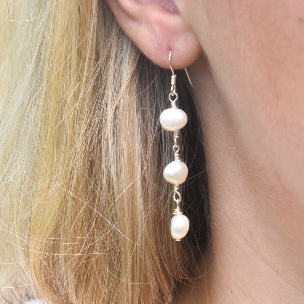 Triple Pearl Drop Earrings in Silver